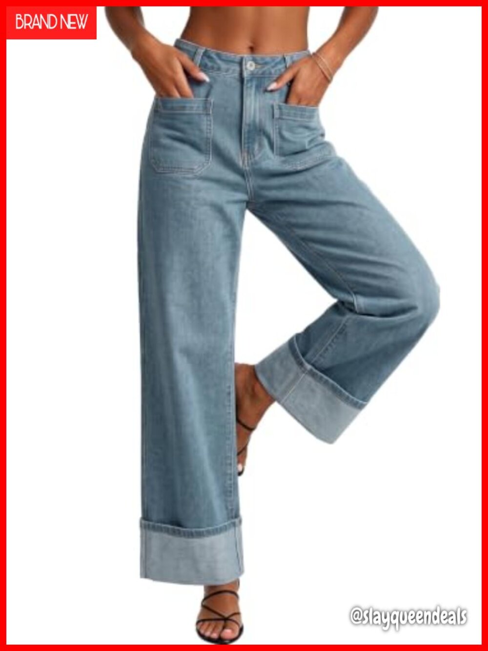 Women's High Waisted Wide Leg Cuffed Stretch Denim Jeans